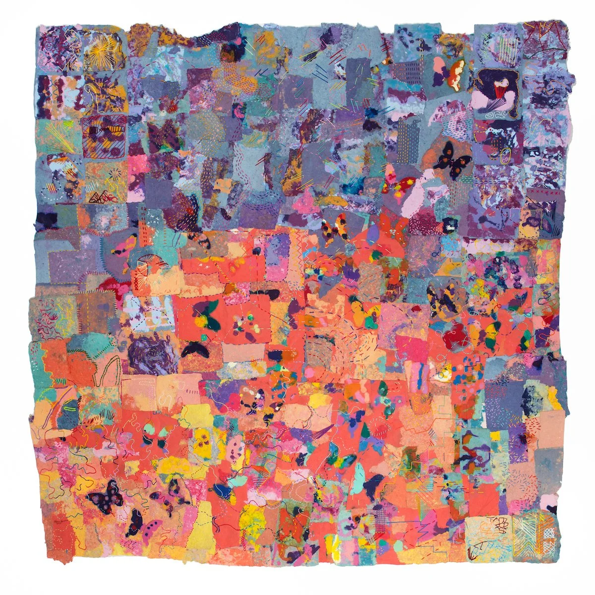 A colorful patchwork textile artwork featuring a variety of fabric pieces in vibrant hues of pink, orange, purple, and blue. The patches are adorned with intricate patterns and stitches, creating a lively and textured composition. The arrangement forms a square shape with ragged edges, showcasing a playful mix of designs that convey a sense of creativity and warmth.
