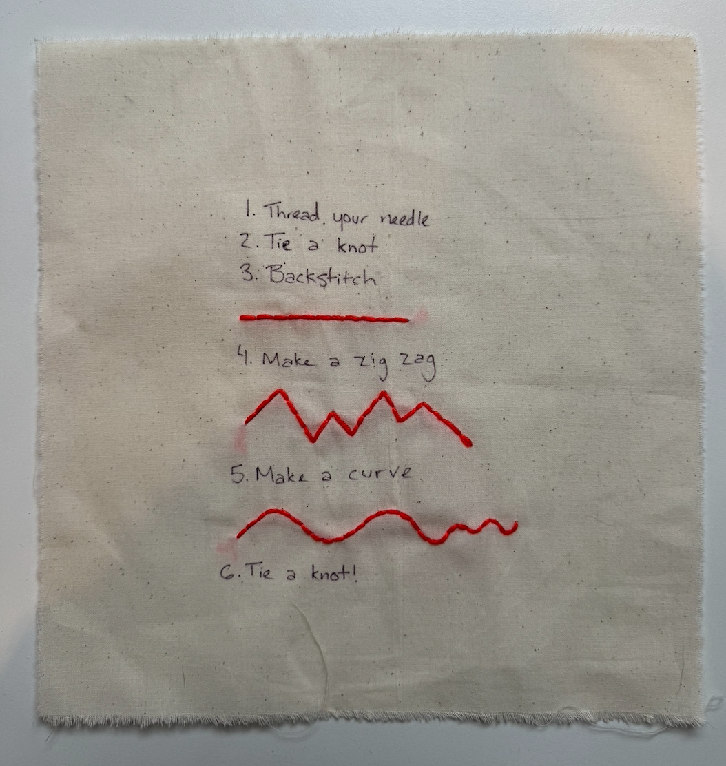 A piece of fabric with handwritten instructions for sewing techniques. The steps include: 1) Thread your needle, 2) Tie a knot, 3) Backstitch, 4) Make a zigzag stitch, 5) Make a curve stitch, 6) Tie a knot. Each step is accompanied by corresponding red thread illustrations showing the stitching methods.