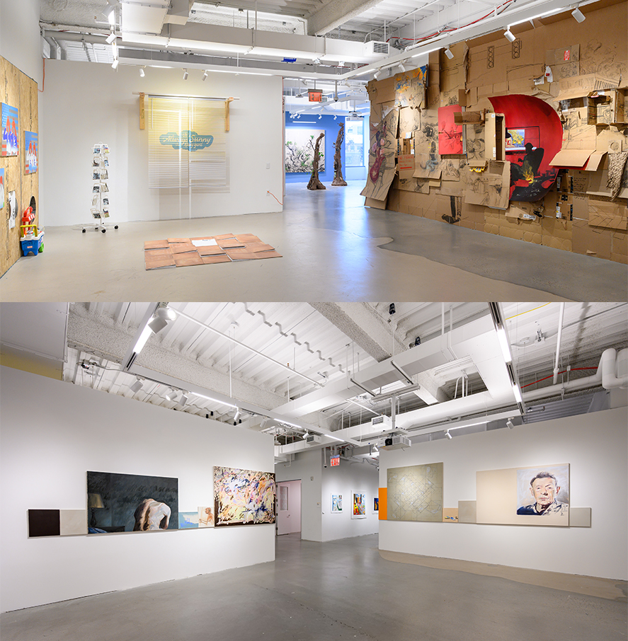 Two overlapping images of an art gallery space. The top image shows an area with a cardboard wall installation, a colorful artwork, and a wooden piece with a sign hanging above. The floor has a patchwork of brown squares. The bottom image features a different section of the gallery with various framed artworks on a white wall, including a large abstract painting and a portrait. The space is bright with industrial-style lighting and high ceilings.