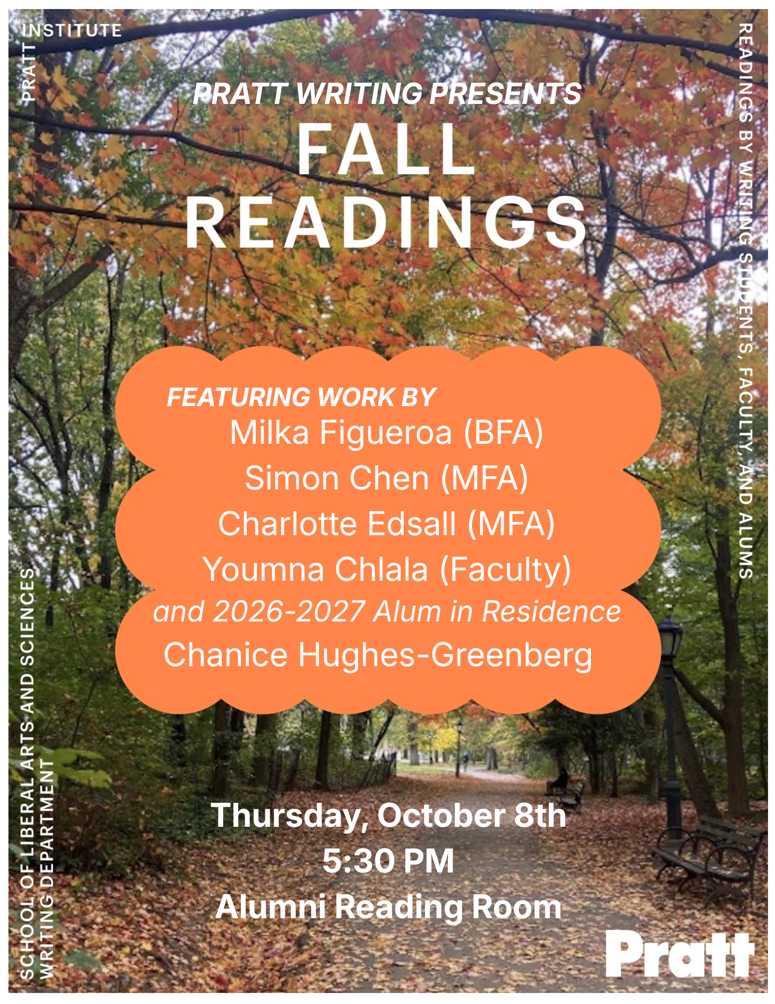 Pratt Writing Presents: Fall Readings, 10/08/26 at 5:30 PM in the Alumni Reading Room