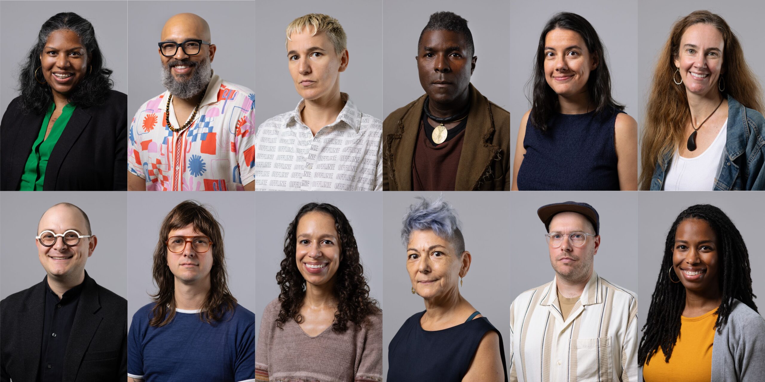 A grid of twelve portrait photos of diverse individuals. Each person is smiling or posing against a neutral grey background. The top row features four people with various hairstyles and fashion styles. The bottom row also includes four more individuals, each with unique styles and expressions. The arrangement highlights diversity in appearance and clothing, showcasing a range of backgrounds and identities.