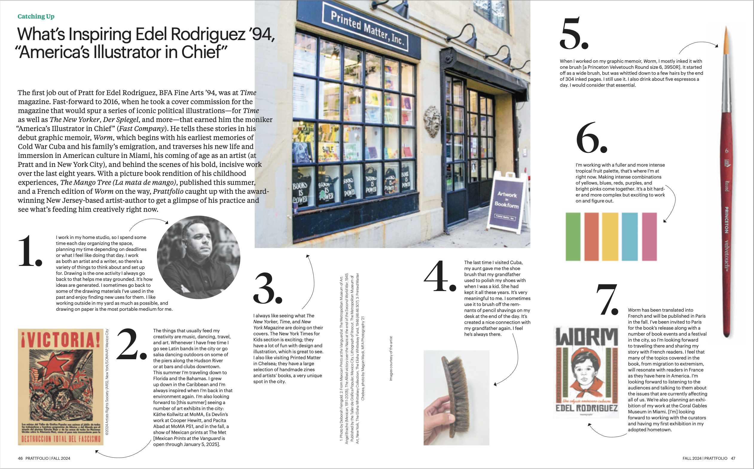 A magazine spread from Prattfolio with the heeadline "What's Inspiring Edel Rodriguez '94, America's Illustrator in Chief." A list numbered from 1-7 features a large photo of the Printed Matter, Inc. storefront, a paintbrush, and other items.