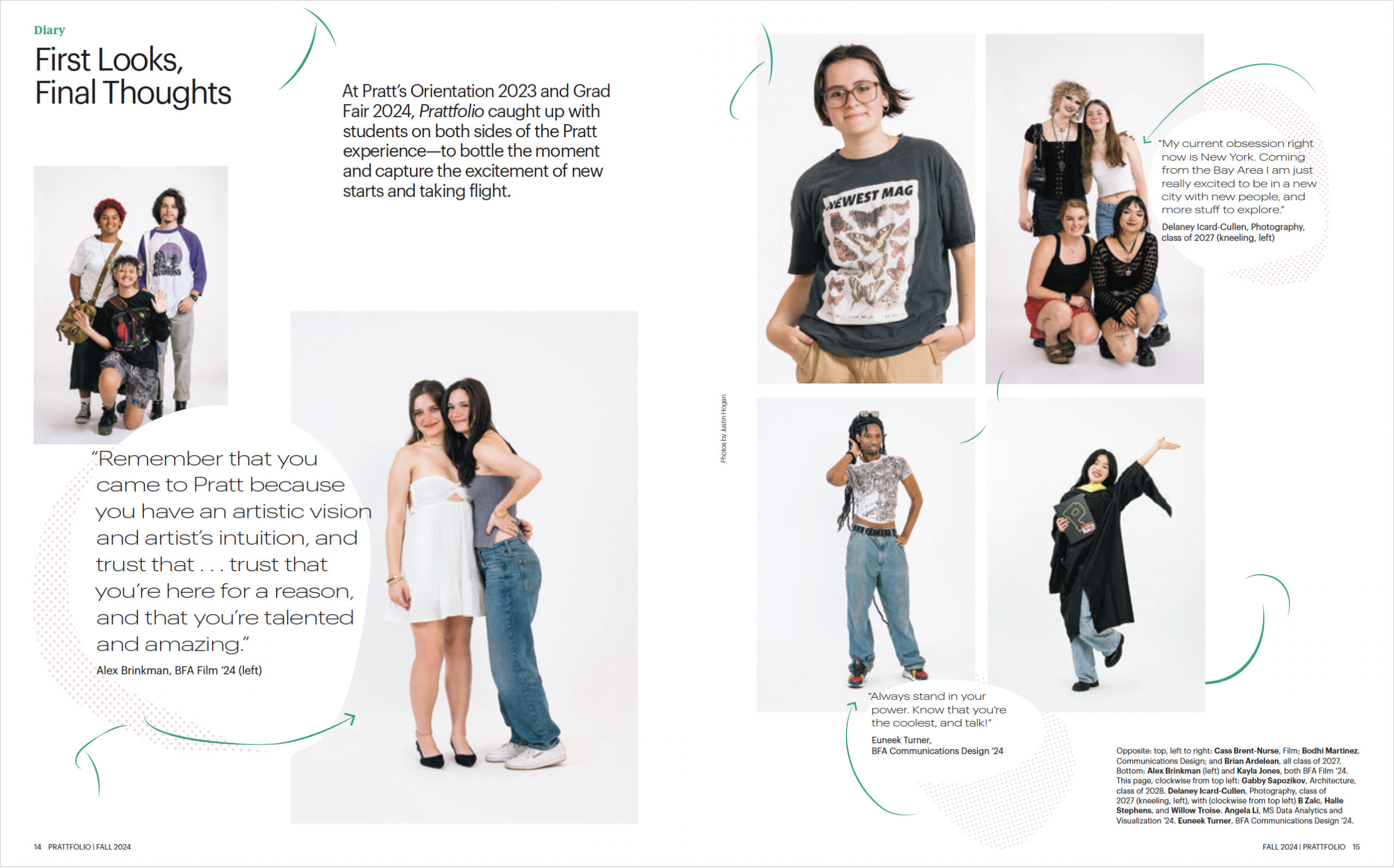 A split-page layout featuring diverse groups of students. On the left, three students pose together, smiling. On the right, there are three individual portraits and a small group of four students. Text in the bottom left encourages artistic vision and confidence for students at Pratt.