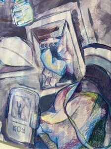 An abstract artwork features a colorful arrangement of various objects, including what appears to be a small bottle, a partially open container, and a figure depicted on a device. The background is composed of swirling colors and shapes, with a focus on blues, purples, and hints of green and yellow. The overall composition creates a dynamic and layered visual effect.