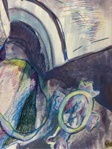 A vibrant abstract drawing with swirling shapes and lines in various colors, including blue, green, and purple. In the lower right corner, there is a decorative frame containing a faintly sketched figure. The background features softer, blended colors and textures, creating a dreamlike quality.