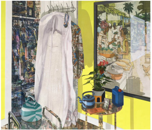 A bright, vibrant room features a wedding dress in a clear garment bag hanging on a hook. To the left, a colorful patterned clothing rack displays several garments. A small table holds a blue watering can, a saucepan, small plants, and a picture frame. The wall is painted bright yellow, and a large framed artwork depicting a market scene is visible on the right.