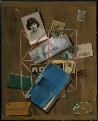 A collection of assorted papers lies on a wooden surface, including a faded photograph of a young girl, various postcards, and printed materials. The items overlap and are arranged in a somewhat chaotic fashion, with a blue book prominently displayed at the bottom and a pink geometric outline highlighting the ensemble. The background features a subtle texture, enhancing the vintage feel of the composition.