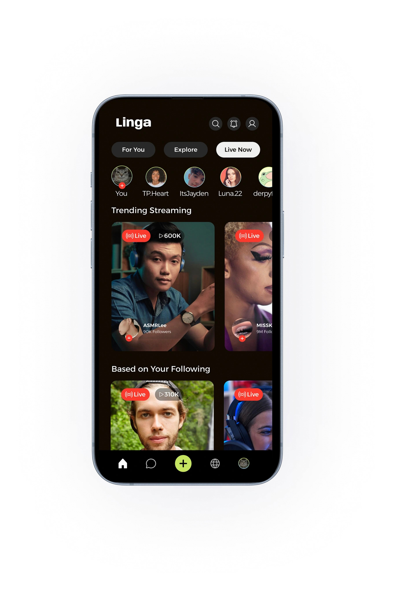 A smartphone displays the interface of a live streaming app called "Linga." The screen shows sections labeled "For You," "Explore," and "Live Now" with user profile thumbnails at the top. Beneath are two sections: "Trending Streaming," featuring live streams with follower counts, and "Based on Your Following," showcasing additional live stream options. The overall design features a dark theme with vibrant accents for live indicators and user profiles.