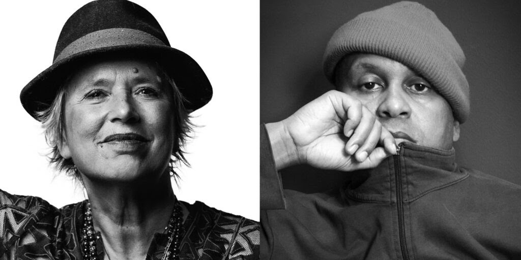 A split image featuring two individuals in black and white. The left side shows a smiling woman with short, light hair wearing a hat and a patterned top, exuding a warm expression. The right side depicts a man with short hair wearing a beanie, resting his chin on his hand, looking contemplative. Both subjects appear against contrasting backgrounds, reflecting different moods.