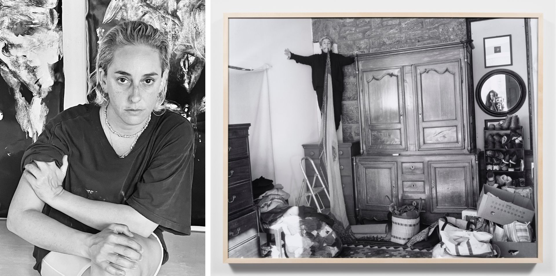 A split image features two photographs. On the left, a woman with short, light-colored hair, dressed casually, gazes directly at the camera with a serious expression, surrounded by abstract artwork. On the right, a black-and-white photo shows a cluttered room with an antique wooden cabinet, a round mirror reflecting the photographer, and various bags and clothing scattered around the floor.