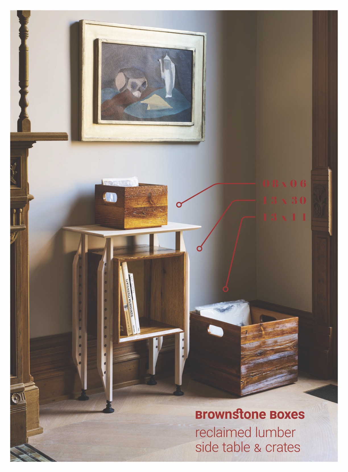 Wooden end table with a reclaimed brownstone lumber box suspended in a perforated I-beam framework.
