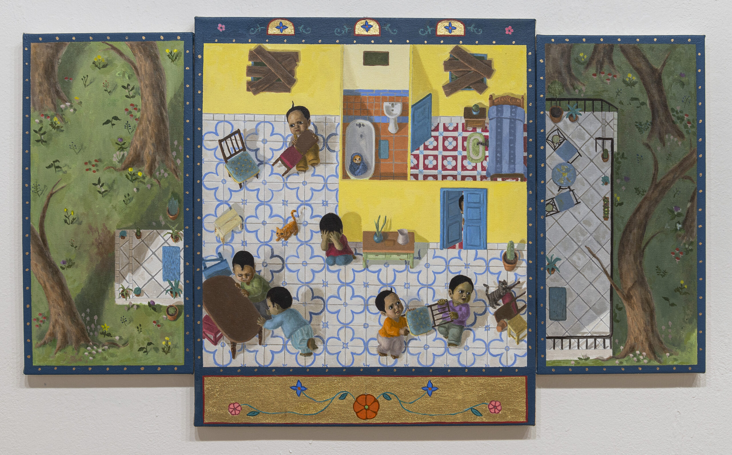 artwork with painting of quilts and figures