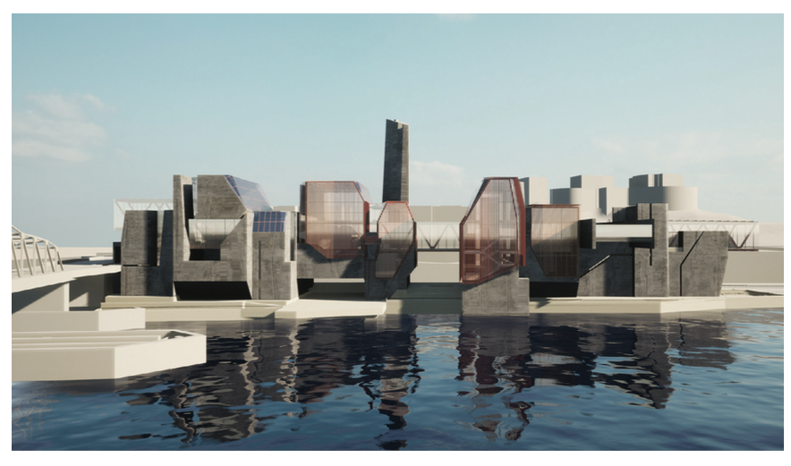 An architecture render of a large building next to a body of water. The building is composed of many different shapes and uses extensive glass windows throughout.