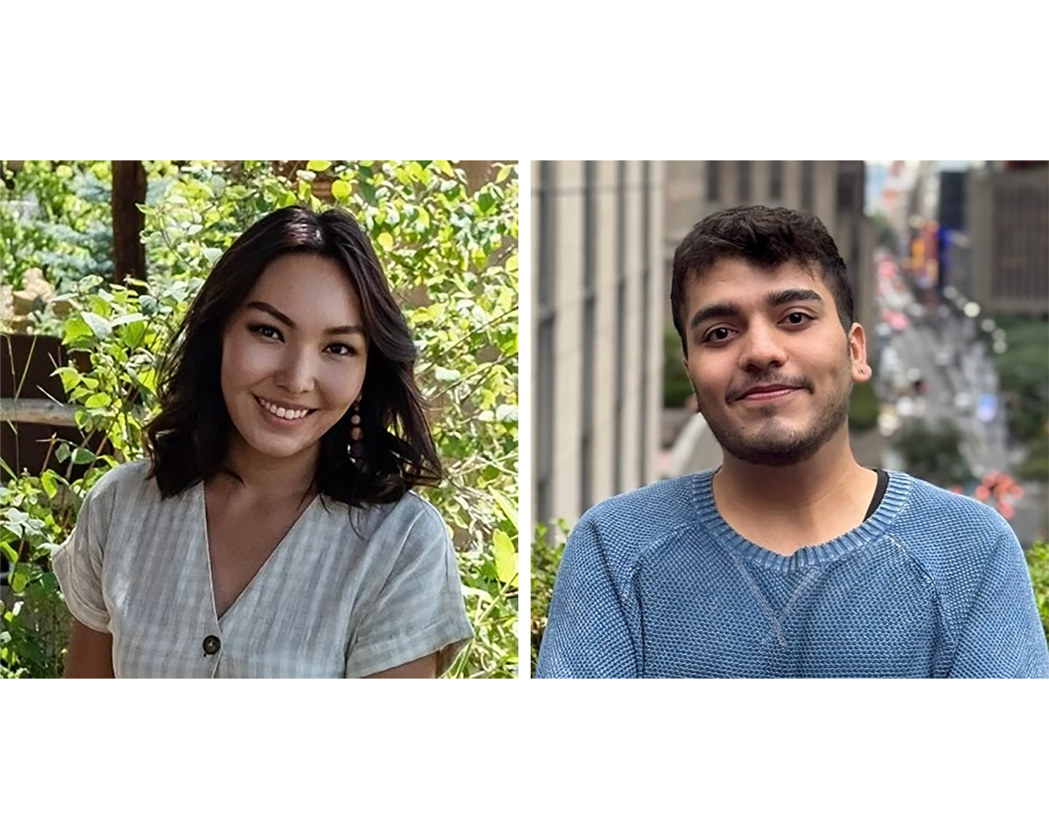 A woman with dark hair and a light-colored, short-sleeved top smiles in front of greenery on the left. On the right, a man with short, dark hair and a blue sweater stands outdoors, looking at the camera with a slight smile, with a blurred city street in the background.