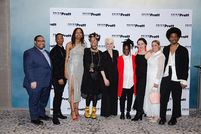 he Black Alumni of Pratt student escorts David Judkins, Javan Spruill, Christian King, Calyn Pickens-Rich, Lisa Johnson, Maria Useche, Charlene Charriez, and Alexander Mejia (L-R) with Pratt President Frances Bronet (fifth from right)