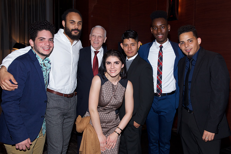 student honoree escorts Alejandro Alvarez, Herman Awuku, Zeynep Gungro, Elard Timana, Jashawn Richardson, and Alvaro Ceballos (L-R) with Pratt Institute President Thomas F. Schutte (third from right), photo credit: Julie Skarratt