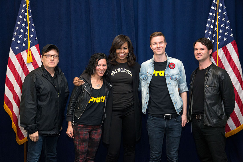 (L-R) Kevin Patrick, manager, Matt and Kim; Kim Schifino (B.F.A. Illustration ’02); First Lady Michelle Obama; Matt Johnson (B.F.A. Film ’04); and Tom Pambrun (tour manager, Matt and Kim) at the College Signing Day event (photo: courtesy of the White House)