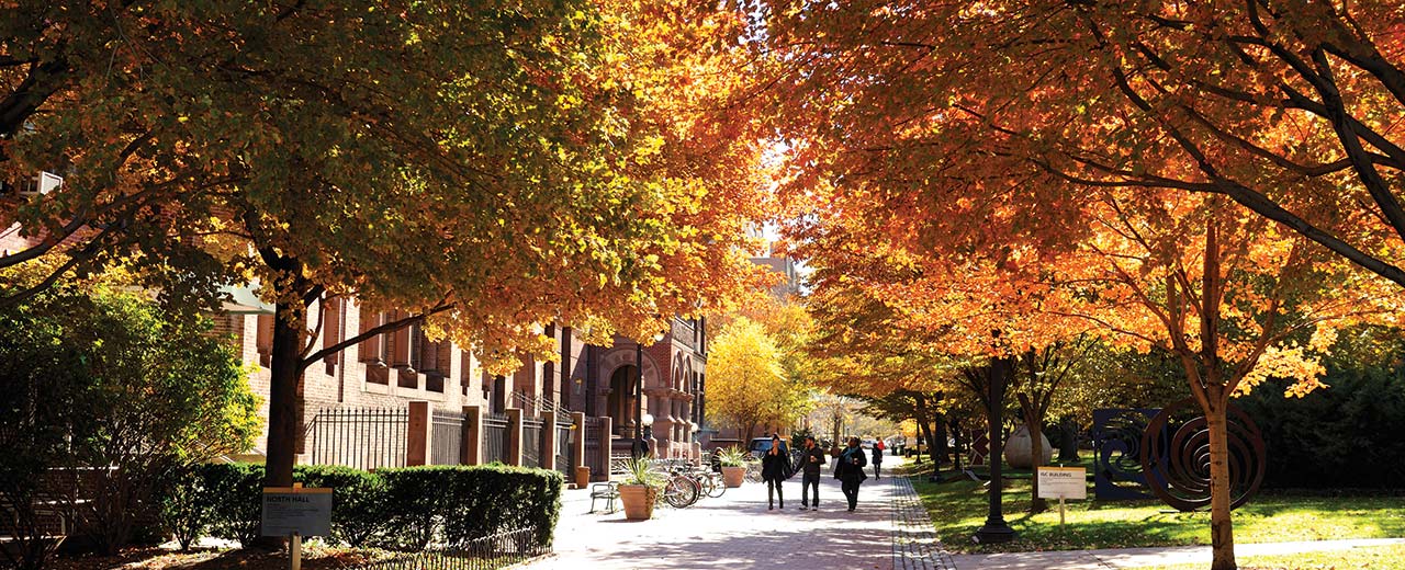 Pratt students walking under autumn foliage