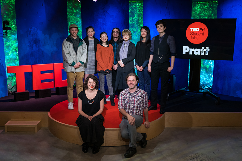 Pratt Digital Arts faculty member Mike Enright and TED-Ed Animation Artist Lisa LaBracio (seated) with Pratt digital arts students at the TED Conferences office in Manhattan (photo by Dian Lofton / TED)