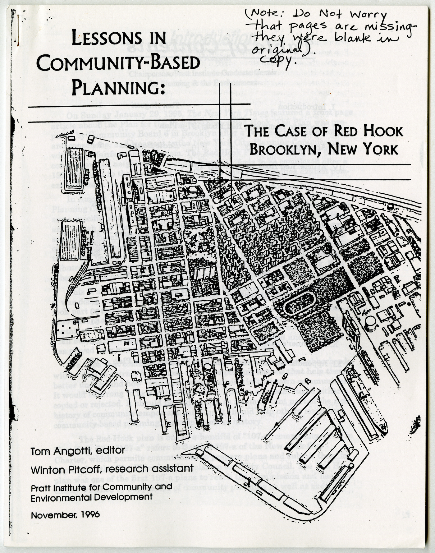 Lessons in Community-based Planning: the case of Red Hook, Brooklyn, NY (1996) (Ronald Shiffman collection on the Pratt Center for Community Development, 2013.023, Box 59, Folder 4; Brooklyn Historical Society)