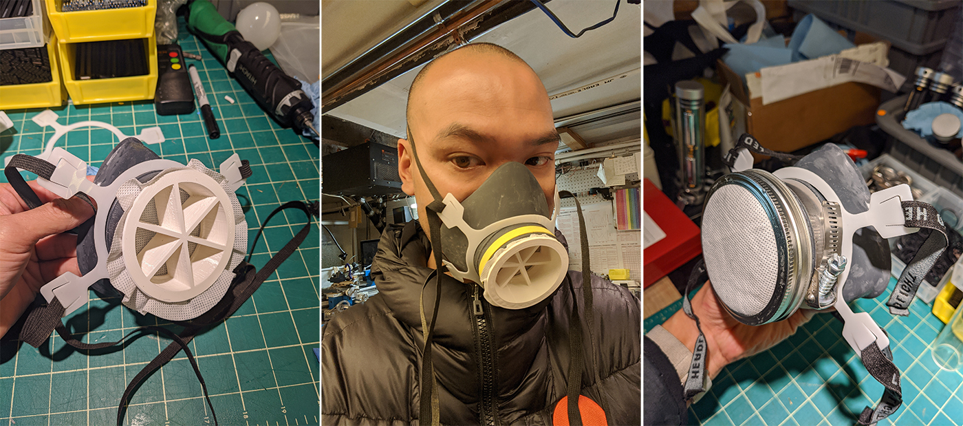 Che-Wei Wang, BArch ‘03 and Adjunct Assistant Professor of Undergraduate Architecture, designing and prototyping a respirator mask (courtesy Che-Wei Wang)
