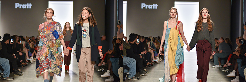 Graduating seniors Jessie Sodetz (left) and Mila Sullivan (right) each walk the runway with a model wearing one of their looks at  Pratt Shows: Fashion | The Work (photo: Fernando Colon)