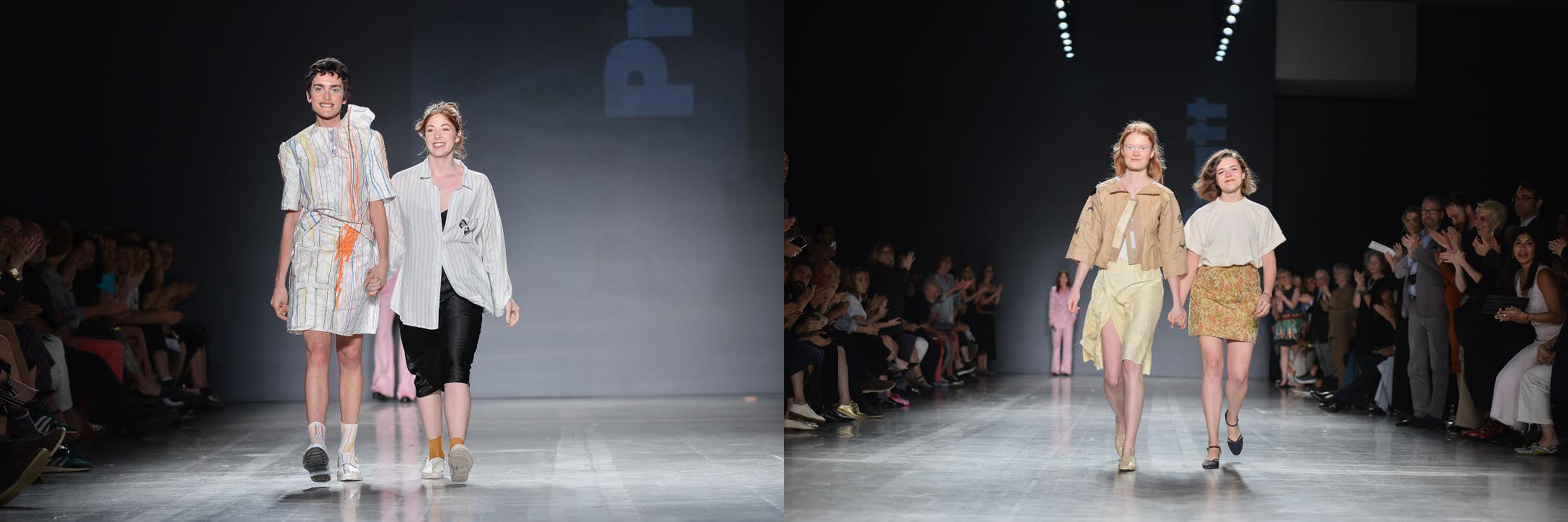 Graduating seniors Rachel Lee (left) and Emily Ridings (right) each walk the runway with a model wearing one of their looks at Pratt Shows: Fashion | Diversiform (photo: Fernando Colon)