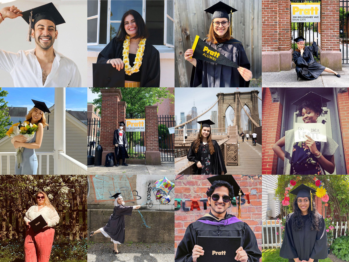 Graduates celebrate on Instagram (from left to right from top): @tahaaziz10, @alexbethjuarez, @katerimaecreative, @nom.monster, @cypark301_, @aveneno__, @vikstrs, @tynedd, @katie_eliza_mills_, @cantfightthefro, @mohitshukla.design, & @mariamshakesit. See and share more on #PrattGrad2020/#PrattInstitute 