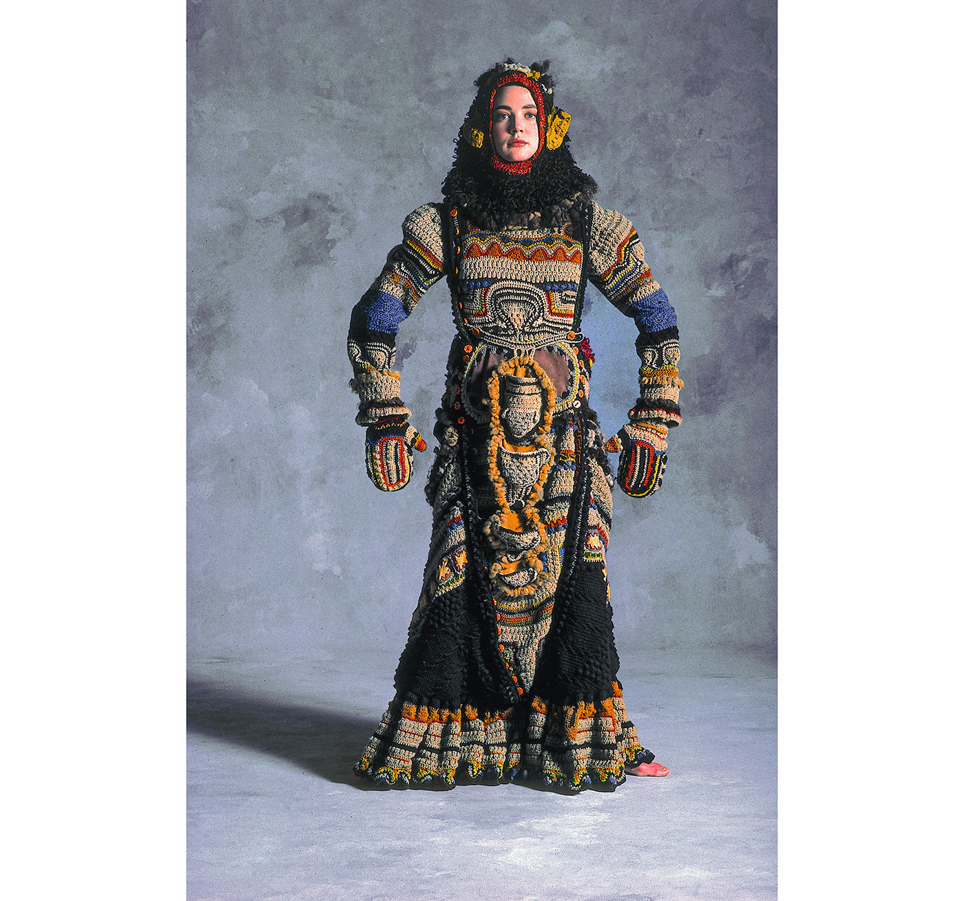 Janet Lipkin, “African Mask” (1970), wool, leather, wood (courtesy Philadelphia Museum of Art, lent by the Metropolitan Museum of Art, gift of Muriel Kallis Newman, photo by Otto Stupakoff, © Julie Schafler Dale)