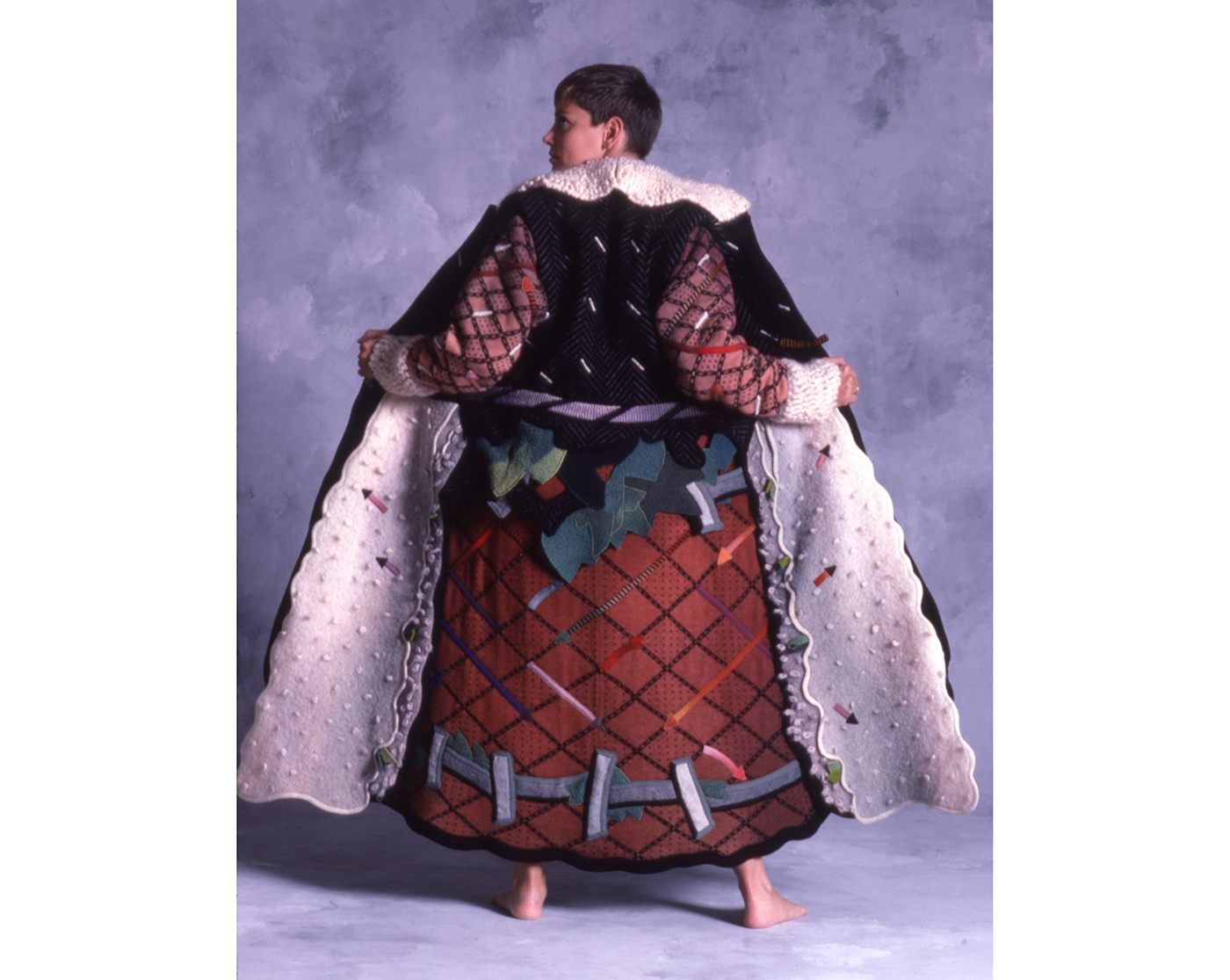 Jean Williams Caciedo, “Chaps: A Cowboy Dedication” (1983), knitted, crocheted, felted, and hand-dyed woven wool mohair, wool jersey, and Dacron (courtesy Philadelphia Museum of Art, promised gift of the Julie Schafler Dale Collection, photo by Otto Stupakoff, © Julie Schafler Dale)