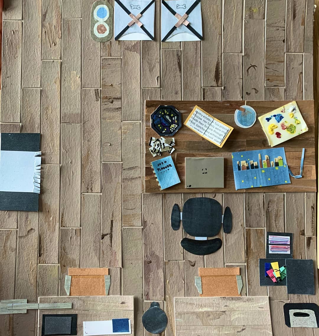 Foundation student Gabby de Castro-Olano’s overhead view of her workroom created for the Light, Color, and Design Lab (via @PrattFoundation/Instagram)