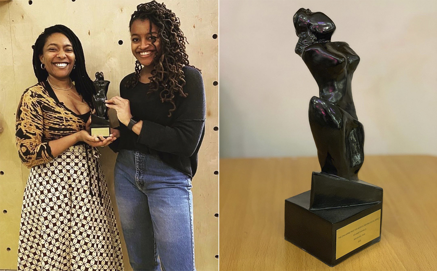 Imani Shanklin Roberts and Nala Turner with the completed Lena Horne Prize for Artists Creating Social Impact (courtesy the artists)