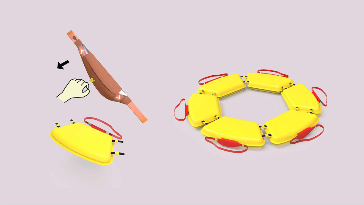 A rendering showing how Flash Pak can become a flotation device and joined with other Paks to build a raft.