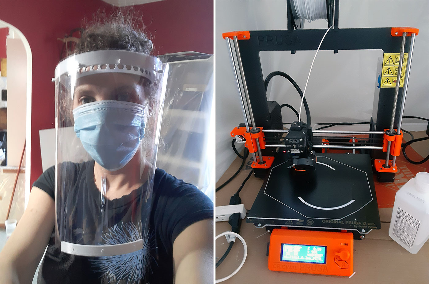 Luba Drozd, BFA Computer Graphics '06, making face shields with the 3D printer in her apartment (courtesy Luba Drozd)