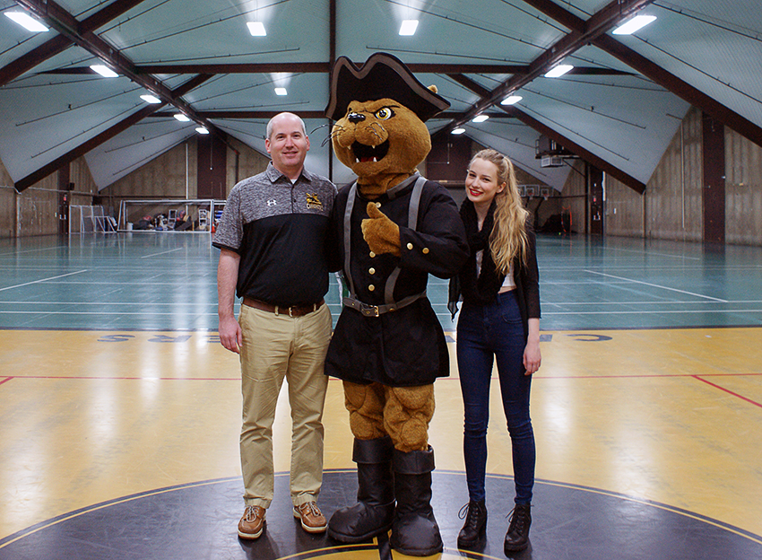Walter Rickard, Director of Athletics; Charlie, the Cannoneers mascot; Helena Duncan (B.F.A. Writing ’17)