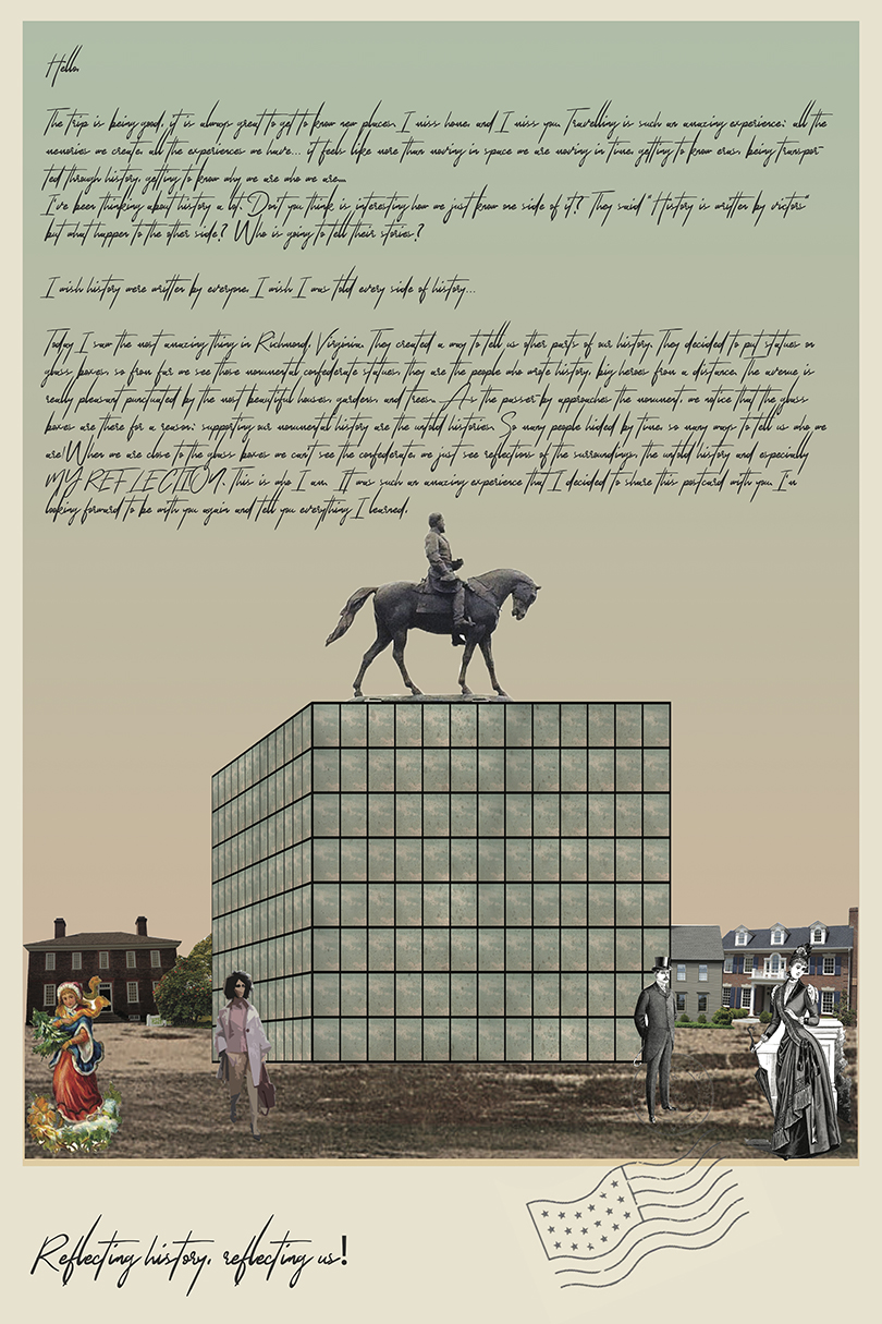 Taylor Kabeary, Eduardo Duarte Ruas, and Patrick Waldo’s poster for the Monument Avenue: General Devotion/General Demotion competition (courtesy the students)