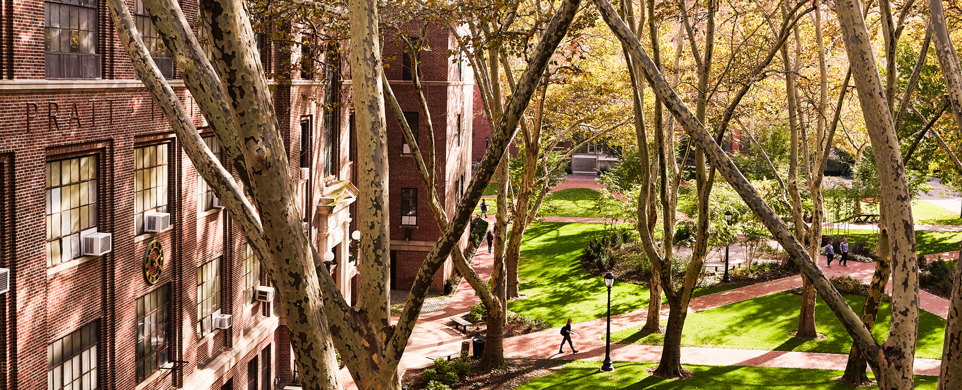 aerial shot of a student walking from behind trees on Pratt campus