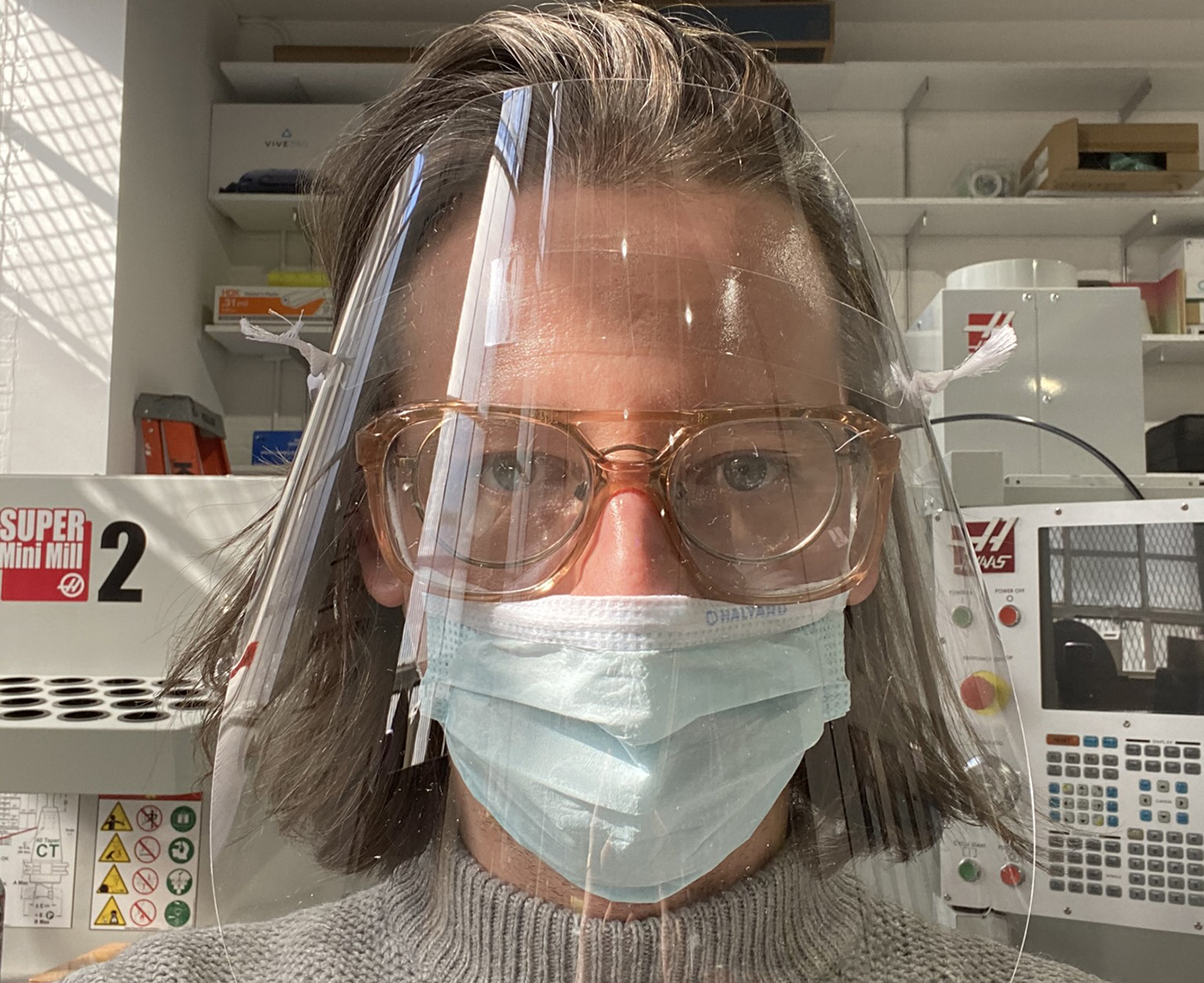 The first prototype of the Open Source Face Shield developed at NYU, made in Pratt’s Interdisciplinary Technology Lab (ITL) (photo by Scott Sorenson)