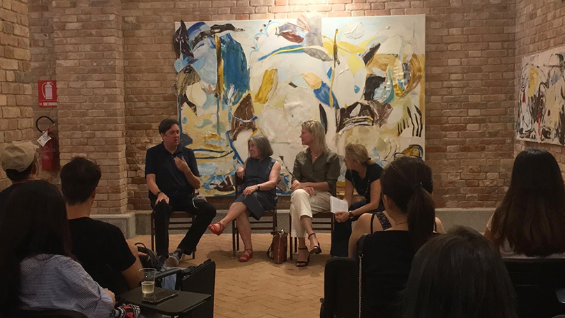 Painting Professor Michael Brennan, Professor Diana Gisolfi, Pratt in Venice alumna Monique Rollins, and curator Martina Cavallarin in a panel discussion at the Infinite Jest exhibition