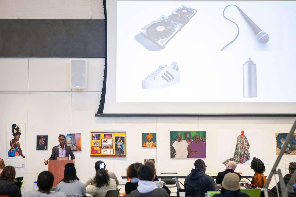 Architectural practitioner and educator Sekou Cooke presenting on “In/visibility of Blackness in Architecture” at the Teach-In (courtesy Black Lives Matter Pratt)