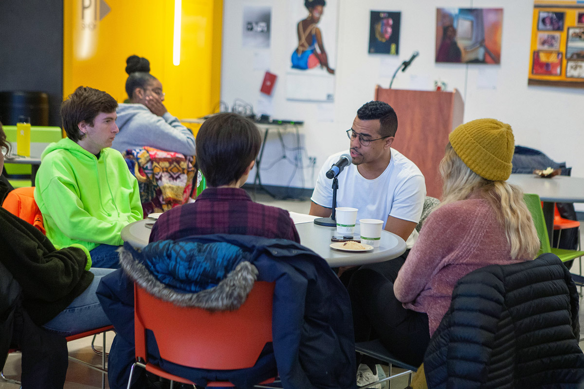 Artist Shaun Leonardo opening the Black Lives Matter Pratt Teach-In with his talk “I am an Invisible Man” (courtesy Black Lives Matter Pratt)