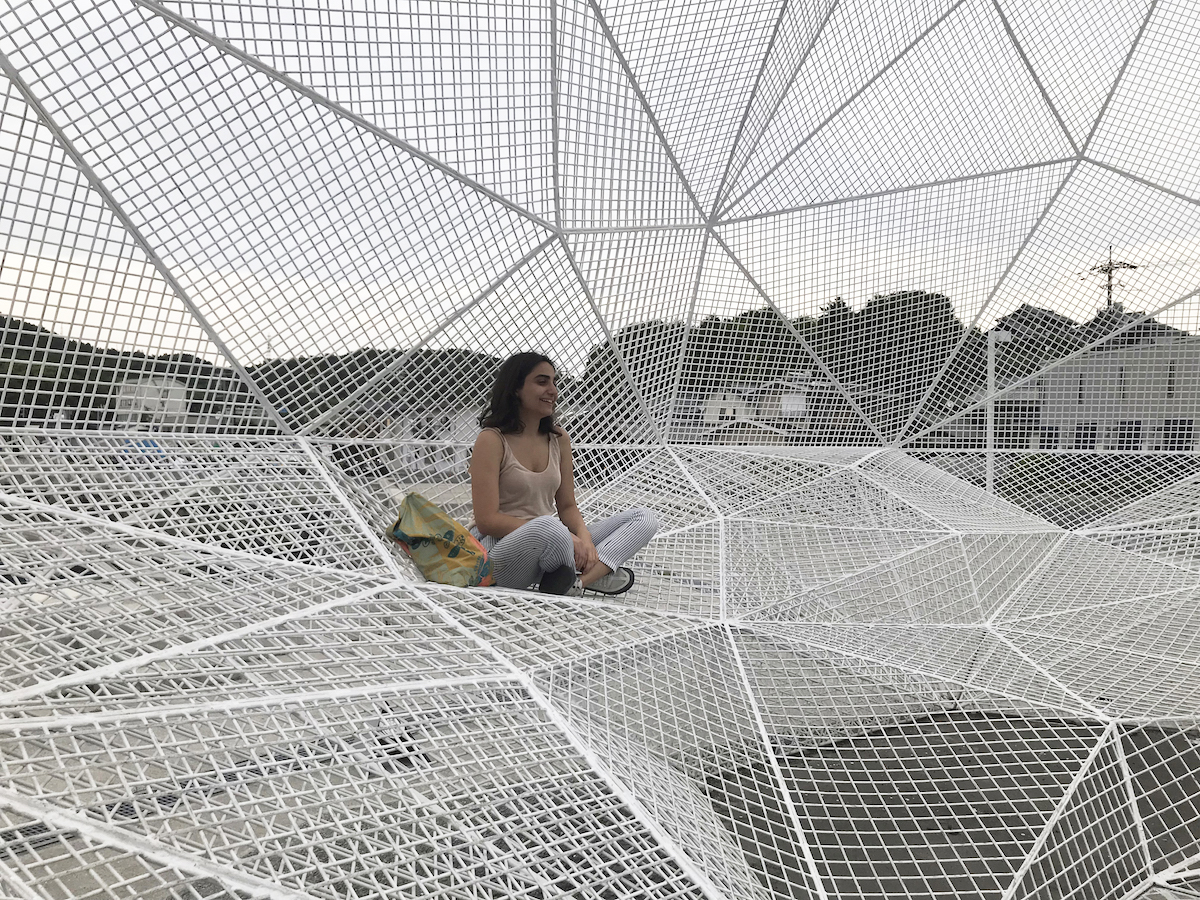 Pratt student Bas Selen in Sou Fujimoto's Naoshima Pavilion at the “art island” of Naoshima 