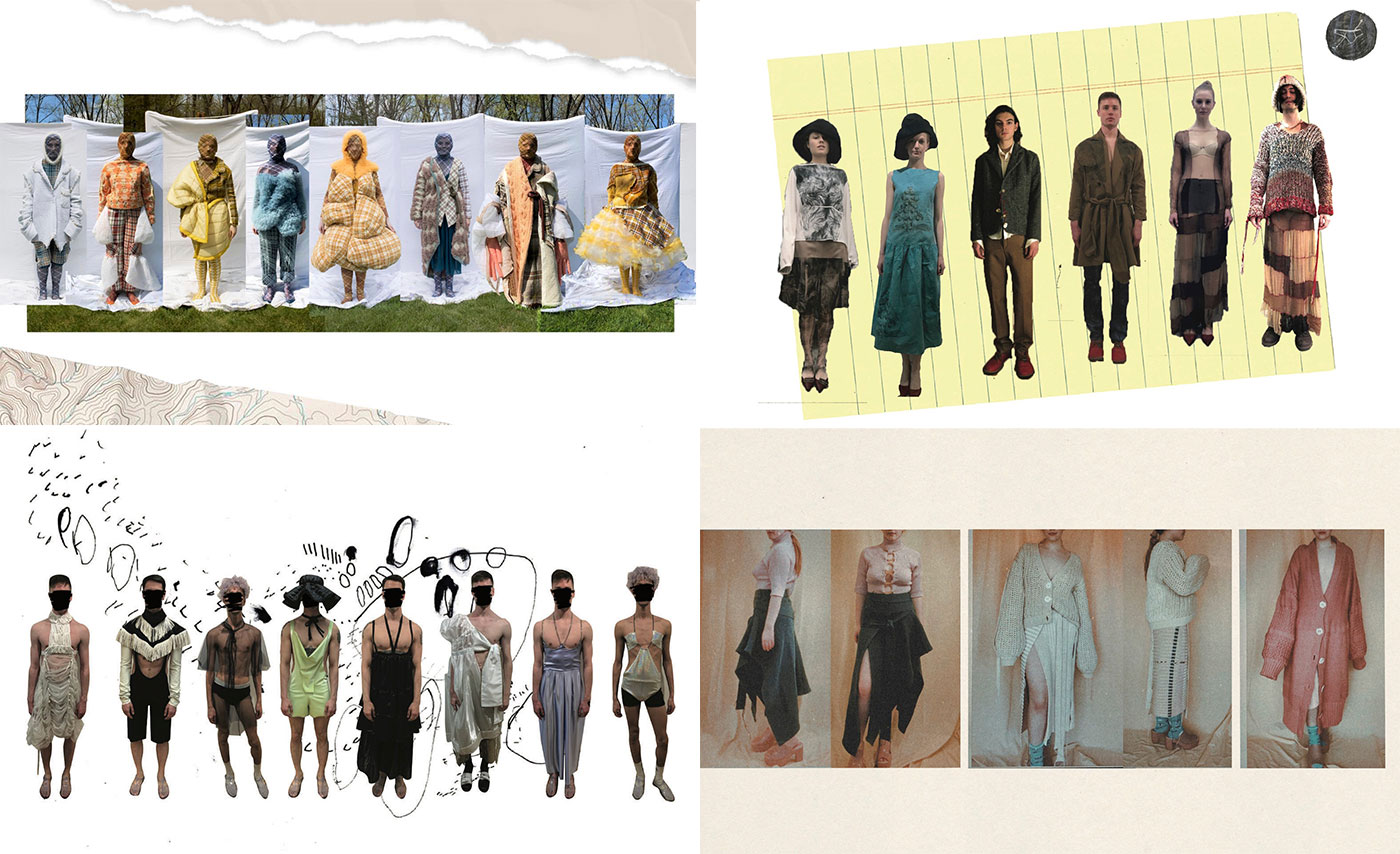 Collections by fashion graduates (clockwise from top left): Juliana Gogol, Stefan Maier, Olivia Rose Harris, and Ry Arne